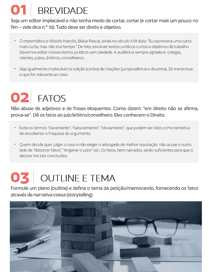 Conjunto de quatro imagens com orientações práticas de redação jurídica, apresentando 10 dicas ilustradas sobre como escrever textos jurídicos mais claros, concisos e eficazes. As imagens abordam tópicos como estrutura, voz ativa, linguagem simples e organização de ideias — voltadas a petições, pareceres, memorandos e e-mails profissionais.