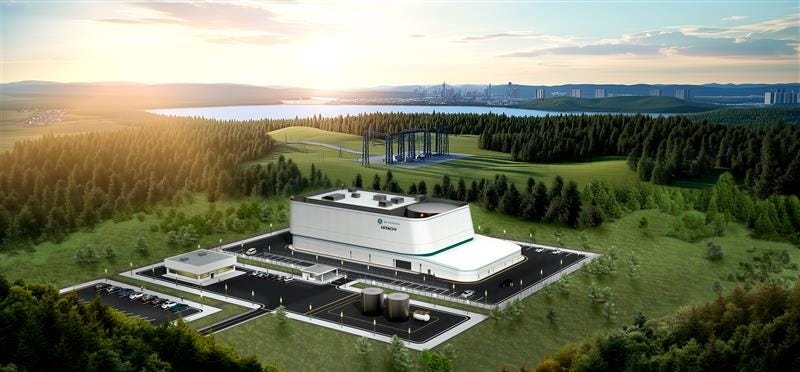 Illustration of the proposed Clinch River small modular reactor site in Oak Ridge, Tennessee, showing a compact nuclear facility surrounded by trees and water with a city skyline in the background. Illustration of the proposed Clinch River small modular reactor site in Oak Ridge, Tennessee, showing a compact nuclear facility surrounded by trees and water with a city skyline in the background.