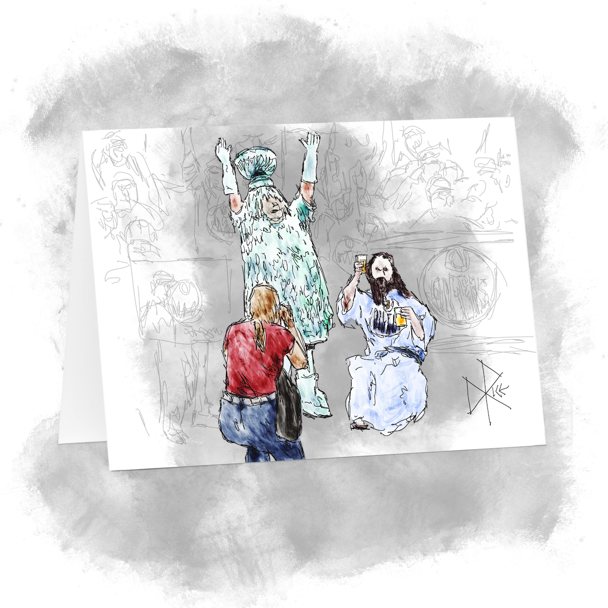 Outside Rogers Place in Edmonton, a fan dressed as ‘McJesus’ kneels beside another fan who is fully made-up as a shiny Stanley Cup, while a photographer crouches to frame a shot of them. Sketch art by Don Rice. Outside Rogers Place in Edmonton, a fan dressed as ‘McJesus’ kneels beside another fan who is fully made-up as a shiny Stanley Cup, while a photographer crouches to frame a shot of them. Sketch art by Don Rice.