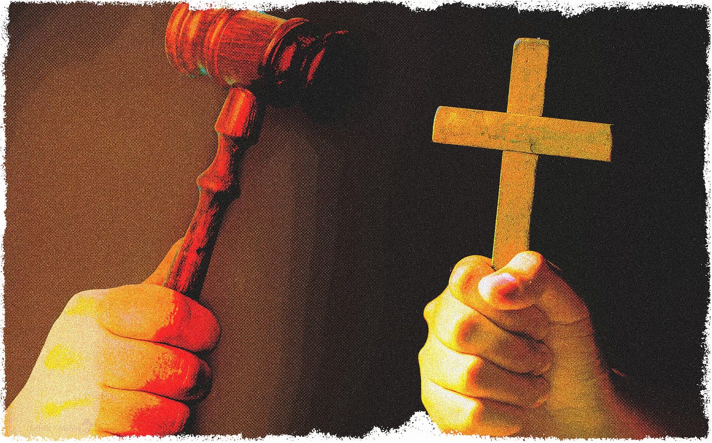 People fight each other with gavel and cross