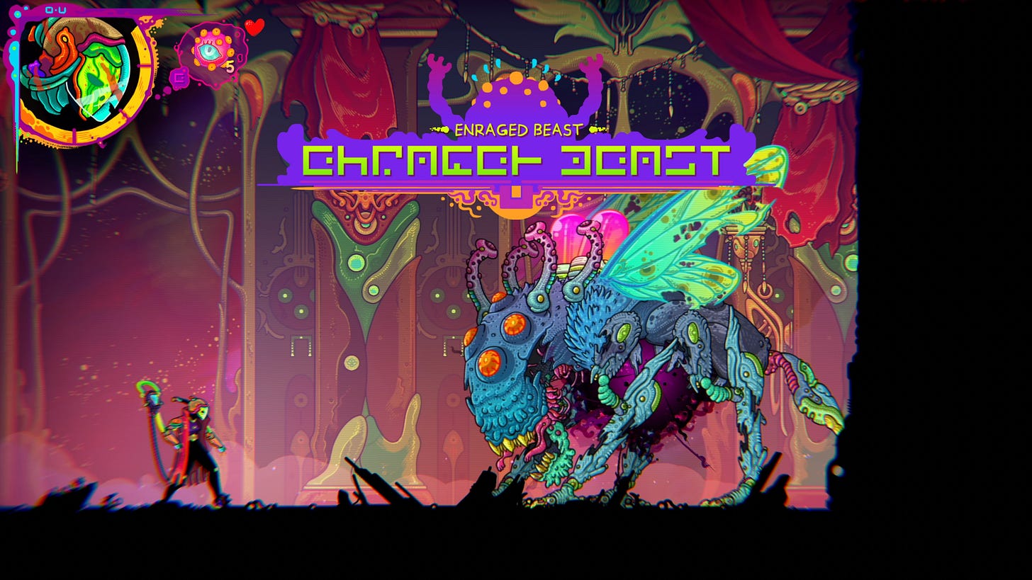 A video game character faces off with a monster that looks like a giant, bright blue bug.