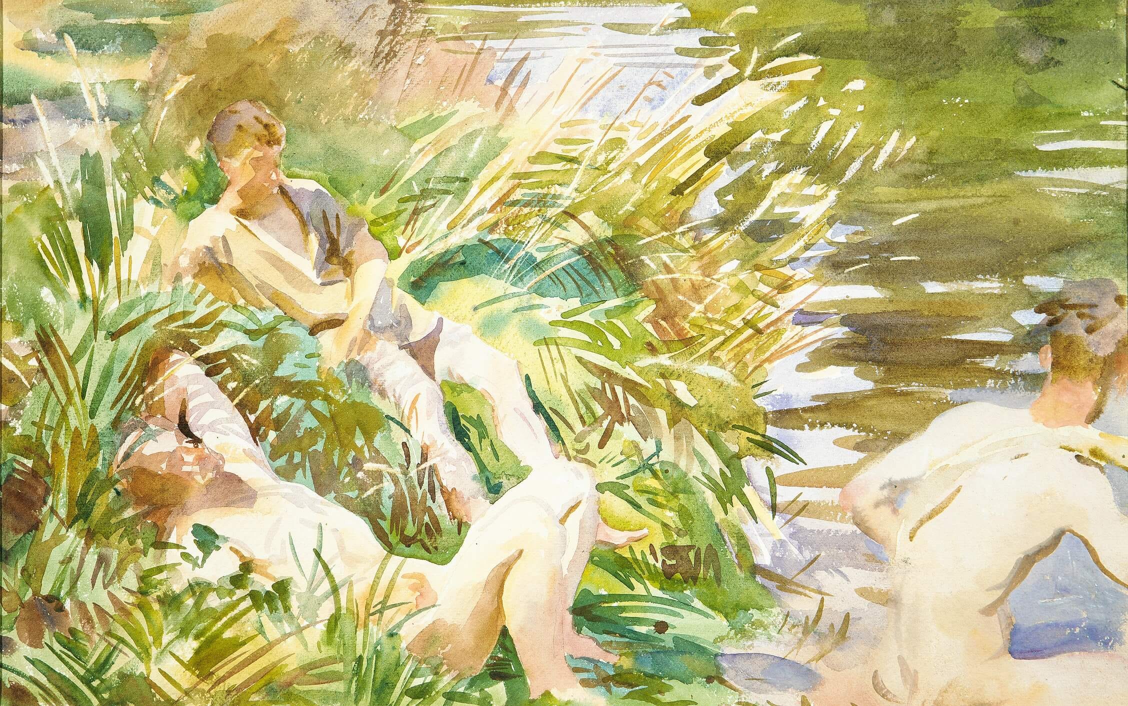 John Singer Sargent’s watercolor painting "Tommies Bathing," depicting three British soldiers lounging and wading along a sunlit riverbank, with one nude figure reclined in tall reeds, another leaning against the grassy bank, and a third entering the river water. Featured in Frescoed for The Subtext Review. John Singer Sargent’s watercolor painting "Tommies Bathing," depicting three British soldiers lounging and wading along a sunlit riverbank, with one nude figure reclined in tall reeds, another leaning against the grassy bank, and a third entering the river water. Featured in Frescoed for The Subtext Review.