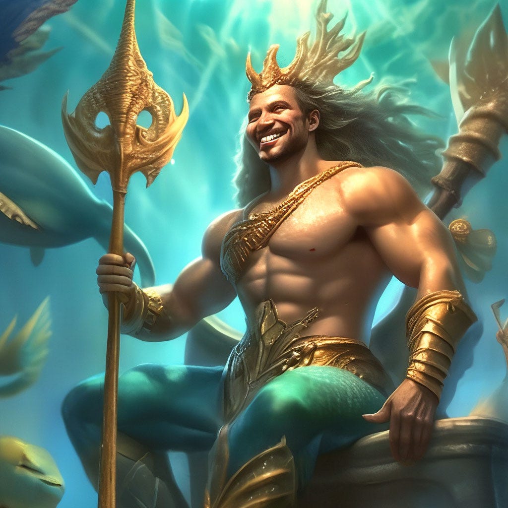 Be positive!!! Triton is the king of the oceans, an attractive strong man  sitting on a throne with a trident in his…" — image created in Shedevrum