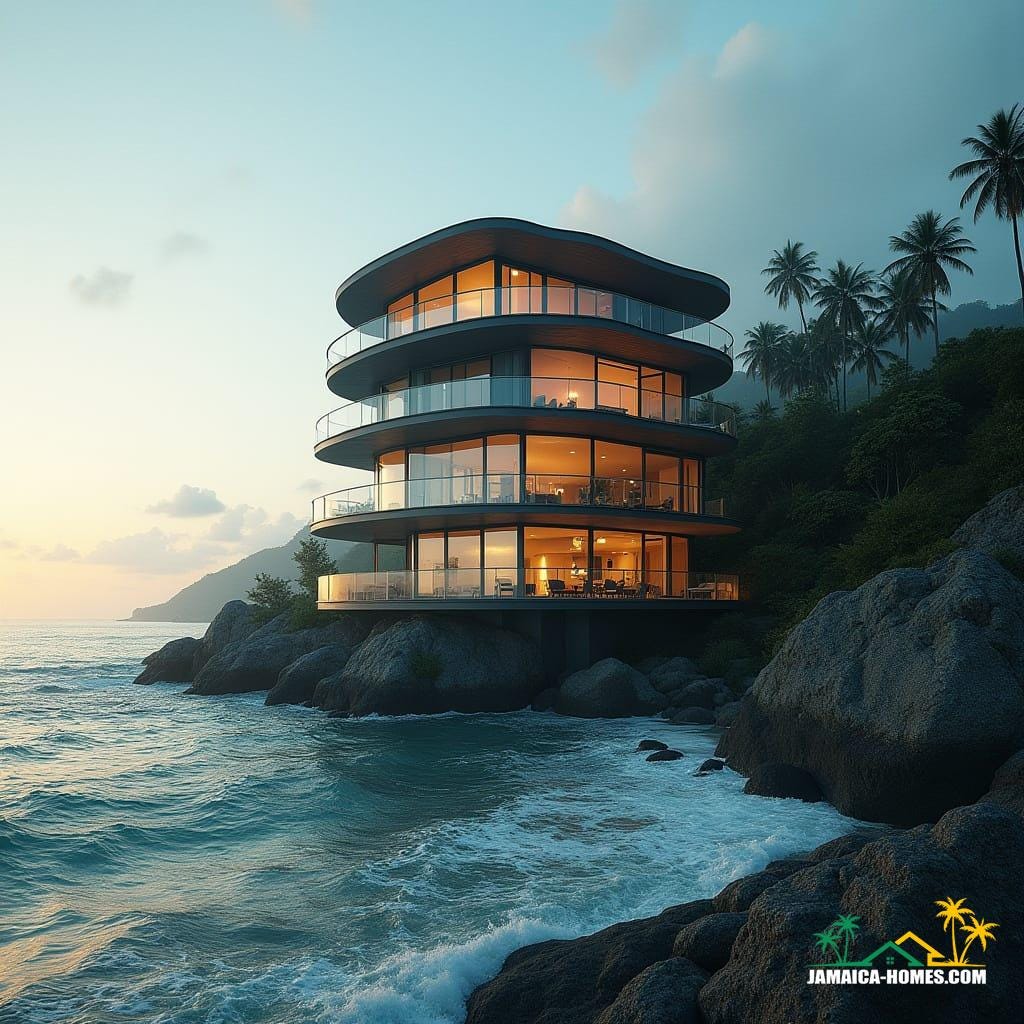 A majestic 4-storey steel frame round beach home in Jamaica, Caribbean, with protruding balconies, bathed in warm cinematic lighting 