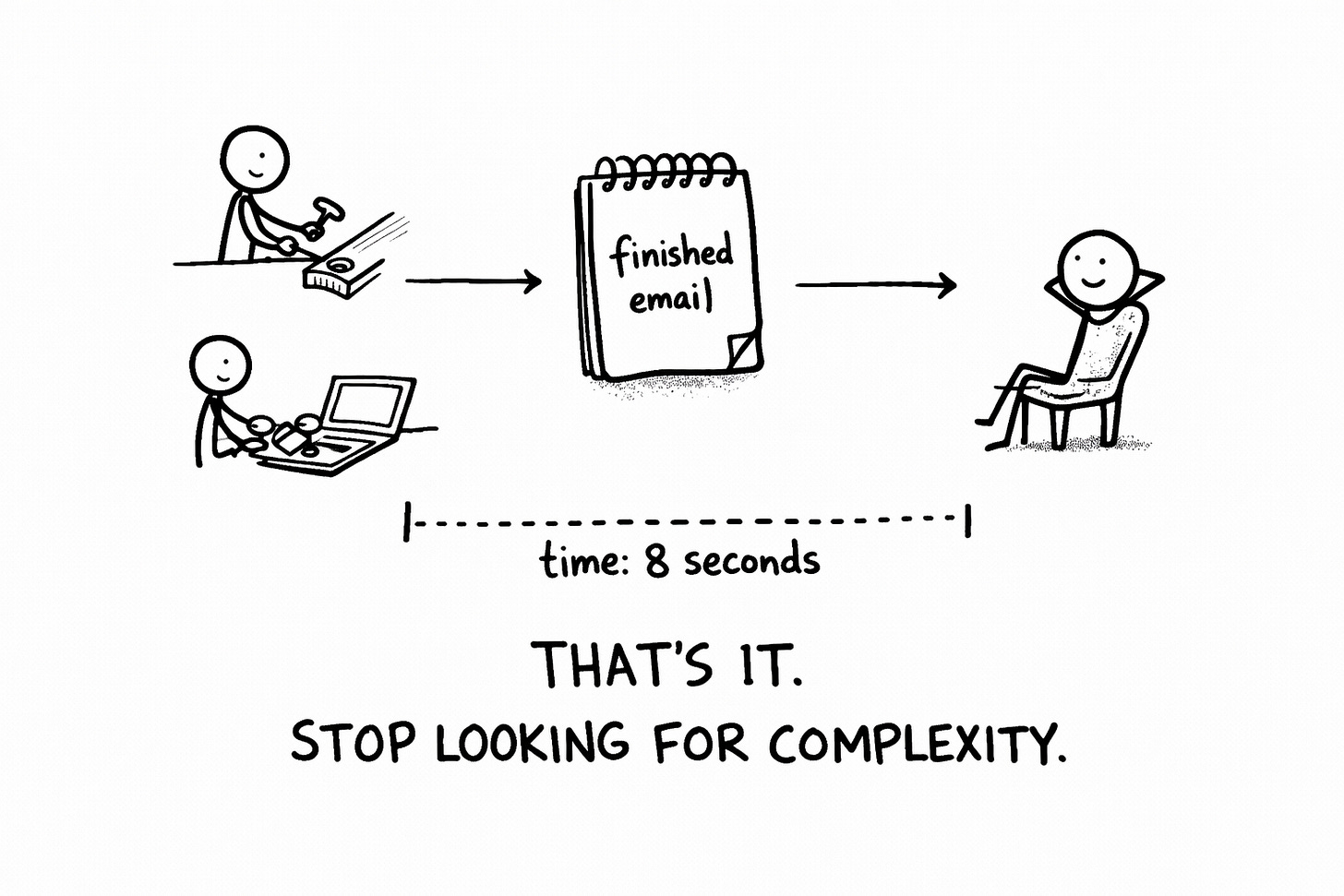 Hand-drawn Sharpie flowchart on white landscape paper showing a stick figure completing tasks (hammering, sending email, cooking), writing one line in a notebook, then sitting back satisfied. Dotted line labeled “time: 8 seconds.” Text reads “THAT’S IT. STOP LOOKING FOR COMPLEXITY.” Visual explanation of the Done File habit system.