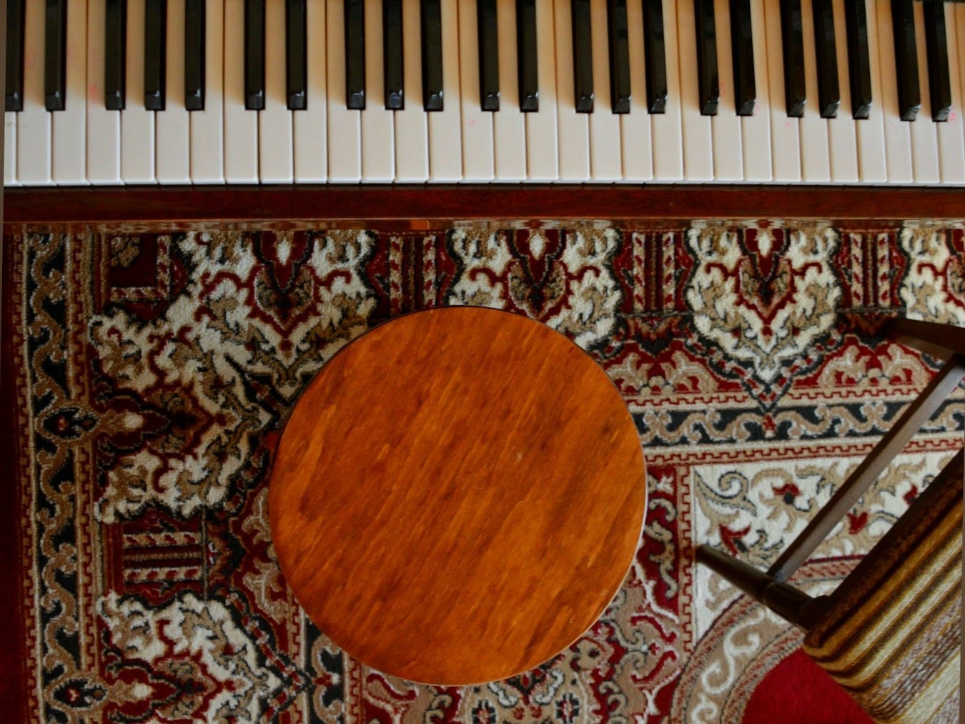 Close-up of piano keys on a patterned rug