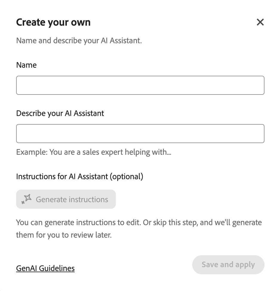 Screenshot of Adobe Acrobat’s “Create your own” AI Assistant setup screen inside PDF Spaces. The panel includes fields to name the AI assistant, describe its role, and optionally generate or edit instructions. A disabled “Save and apply” button appears at the bottom, along with a link to GenAI Guidelines.