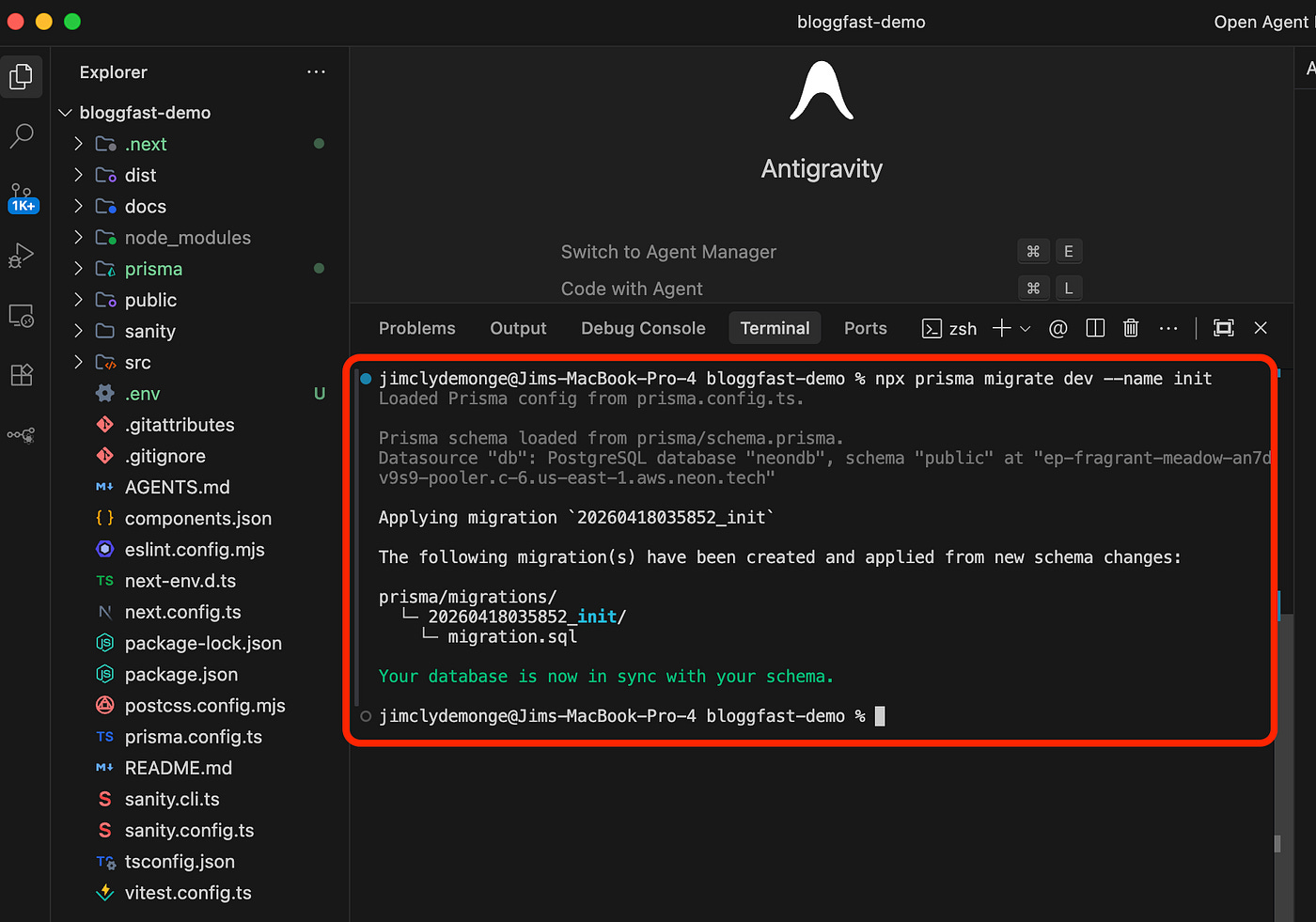 Building and running BloggFast in Antigravity. Image by Jim Clyde Monge