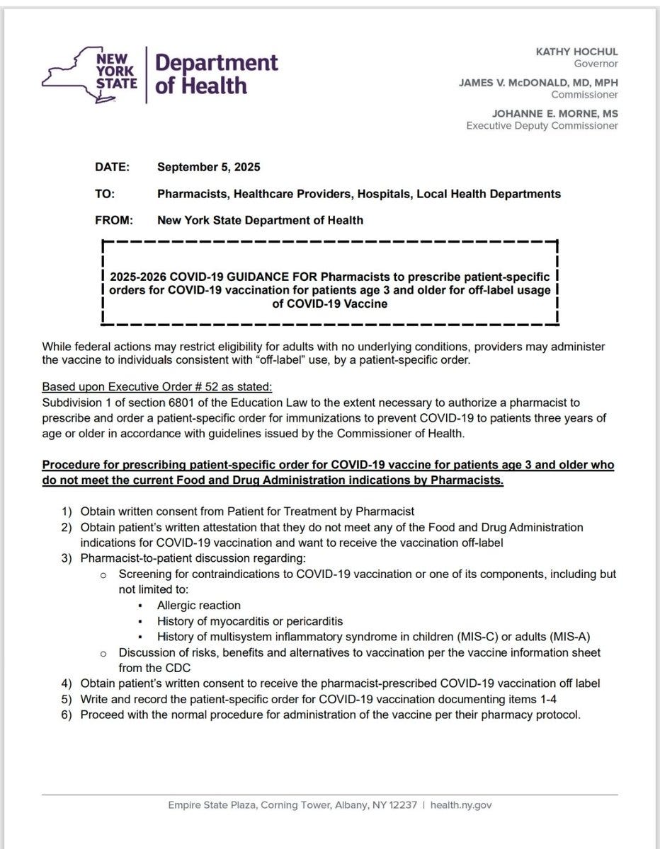 A document from the New York State Department of Health. It includes text with headers, names like Kathy Hochul, James V. McDonald, and Johanne Morne, and details about pharmacists and COVID-19 vaccine administration. The text is formatted with official letterhead and signatures.