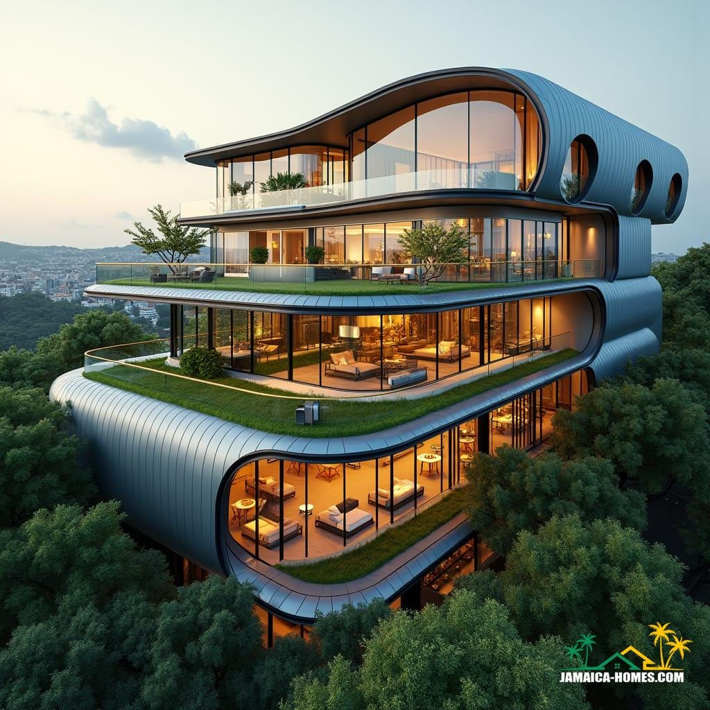 Young professionals socializing in a futuristic co-living space in New Kingston, Jamaica, with sleek, modern minimalist architecture, incorporating sustainable materials, solar panels, and lush green rooftops, amidst a vibrant, cinematic atmosphere. The building's façade is sleek and angular, with large windows and a neutral color palette, juxtaposed with the warmth of the Jamaican sunset. Shared workspaces and communal areas are illuminated with soft, cinematic lighting, evoking a sense of community and collaboration. 