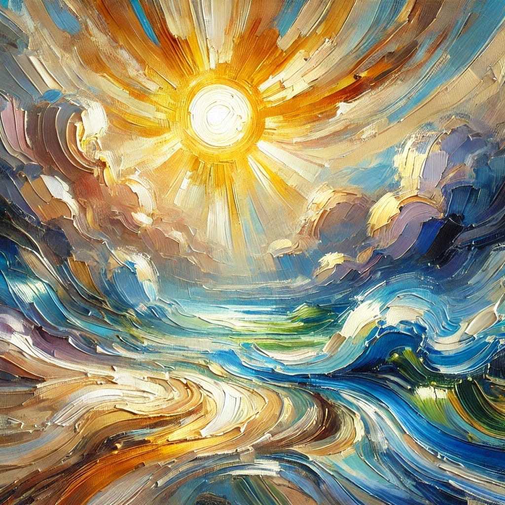 An abstract oil painting with thick brush strokes, inspired by themes of sunlight, health, and nature. The painting features a radiant sun in the background casting warm golden and orange tones across a dynamic composition. Darker shades of blue and green flow throughout, symbolizing populations affected by vitamin D deficiency. Highlights of soft lavender and light yellow evoke healing and cellular regeneration. The brushstrokes are bold and expressive, with a vibrant interplay of contrasting warm and cool colors, creating a balance between warmth and the hidden impact of sunlight on health. An abstract oil painting with thick brush strokes, inspired by themes of sunlight, health, and nature. The painting features a radiant sun in the background casting warm golden and orange tones across a dynamic composition. Darker shades of blue and green flow throughout, symbolizing populations affected by vitamin D deficiency. Highlights of soft lavender and light yellow evoke healing and cellular regeneration. The brushstrokes are bold and expressive, with a vibrant interplay of contrasting warm and cool colors, creating a balance between warmth and the hidden impact of sunlight on health.