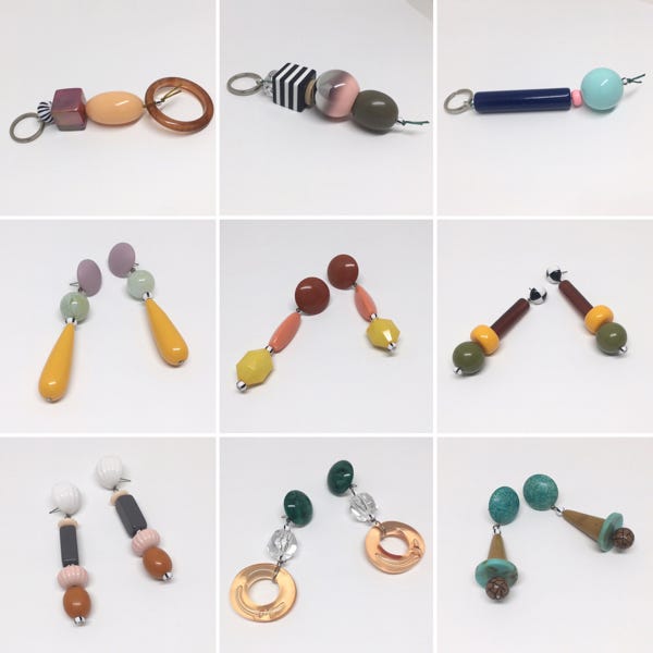 six pairs of earrings and three keychains six pairs of earrings and three keychains