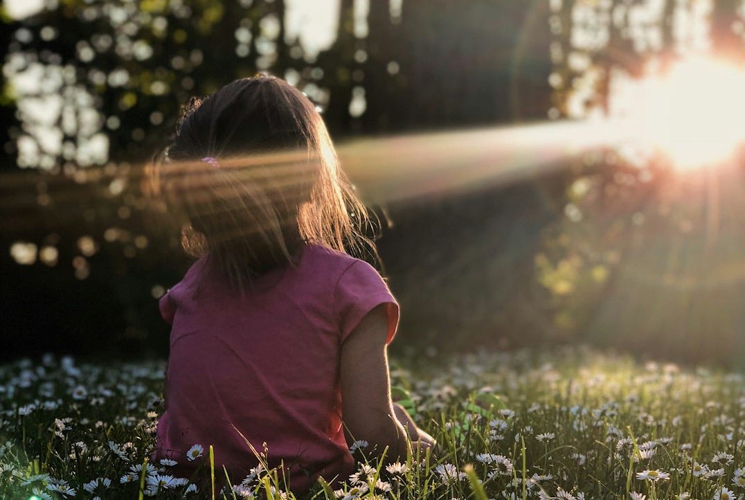 girl sitting on daisy flowerbed in forest