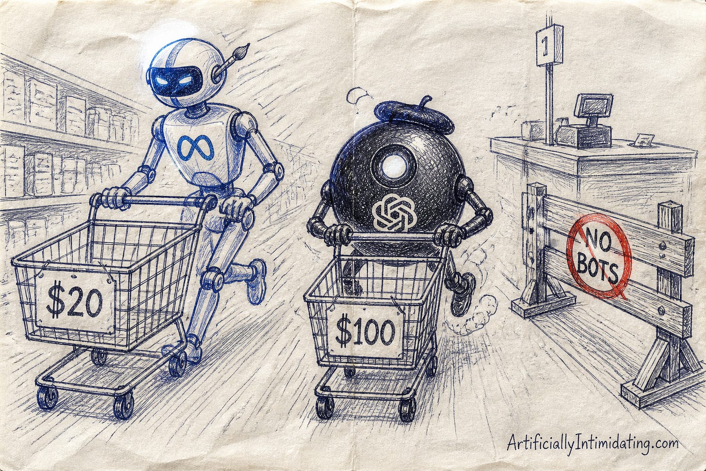 Two small robots push shopping carts down a supermarket aisle toward a checkout, one cart tagged $20 and the other $100, while a barricade at a side aisle reads NO BOTS.