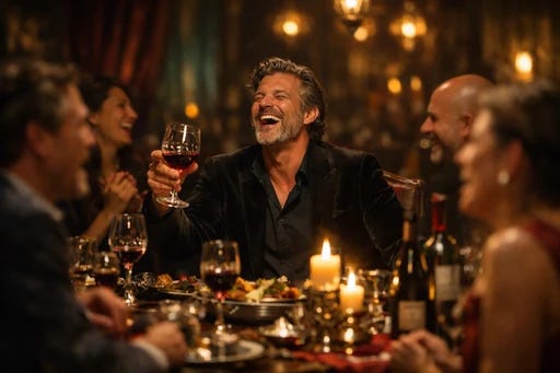 A person at a dinner table illuminated by multiple light sources and surrounded by different observers, their expression animated in a way that seems unfamiliar to their partne