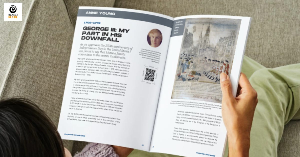 A woman flips open the new Stories250 magazine to an article by Anne Young. The headline reads "George III: My Part in His Downfall." A woman flips open the new Stories250 magazine to an article by Anne Young. The headline reads "George III: My Part in His Downfall."