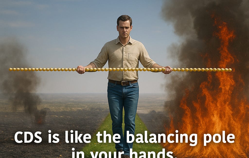 CDS is like the balancing pole in your hands. A support that helps you stay steady between lifeless embers and raging fire.