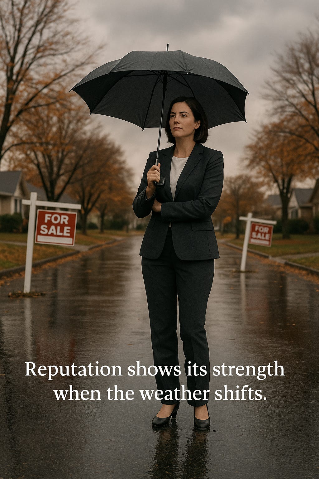 A real-estate agent shielding herself from rain on a quiet neighborhood street, symbolizing how reputation endures through changing conditions.