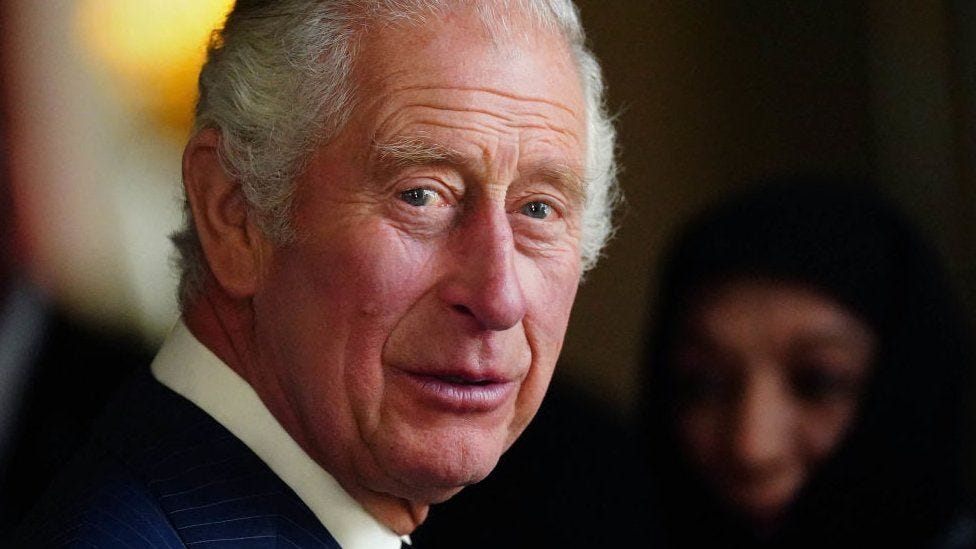 Close-up portrait shot of King Charles III during a reception with Realm High Commissioners and their spouses in the Bow Room of Buckingham Palace Close-up portrait shot of King Charles III during a reception with Realm High Commissioners and their spouses in the Bow Room of Buckingham Palace