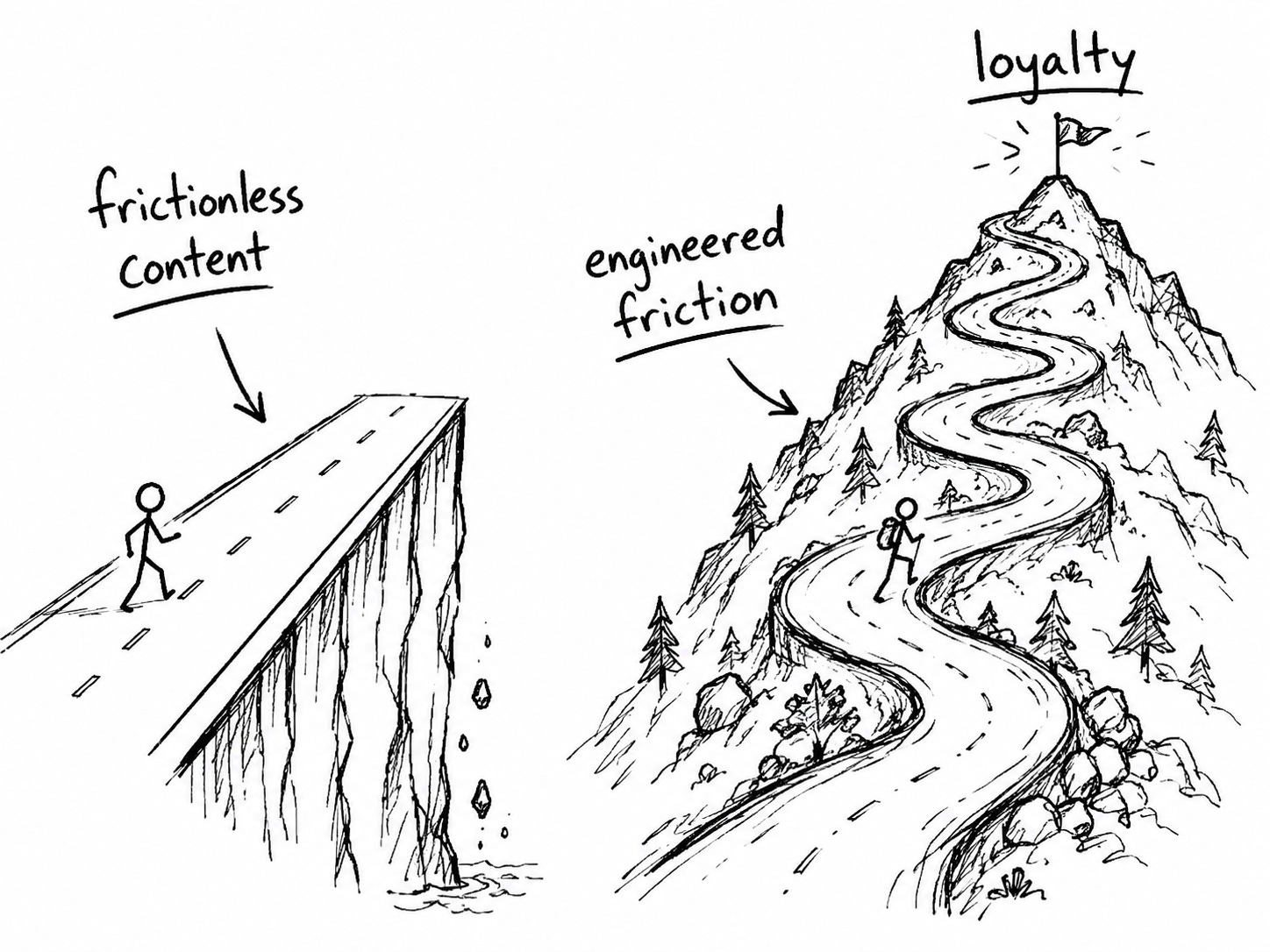 Hand-drawn illustration comparing two content approaches: on the left, a stick figure walks a flat road labeled "frictionless content" straight off a cliff edge; on the right, a stick figure climbs a winding mountain path labeled "engineered friction" toward a summit marked "loyalty." Illustrates why zero-friction content strategies fail to build reader retention, and why engineered friction is the path to lasting audience loyalty.
