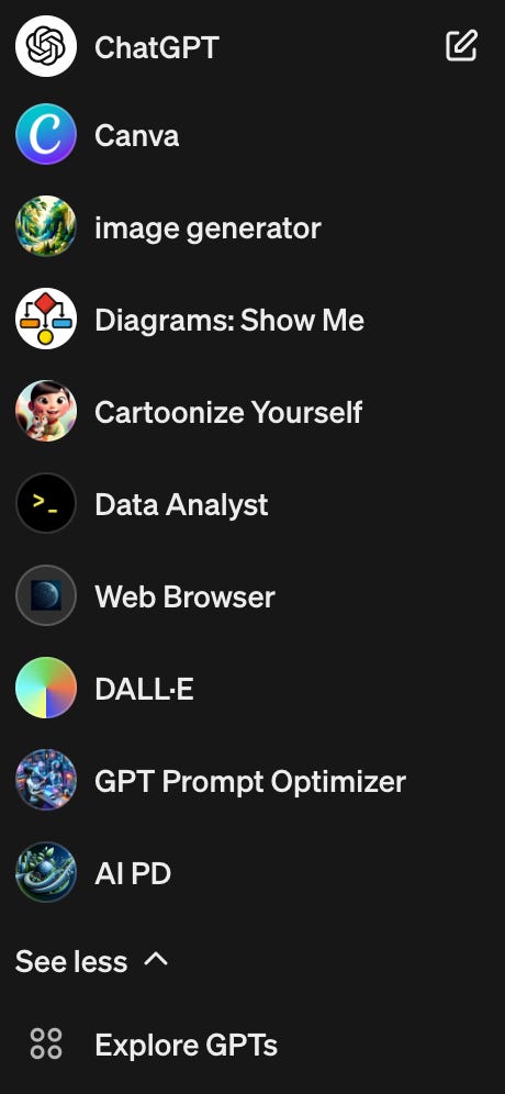 screenshot of GPTs list