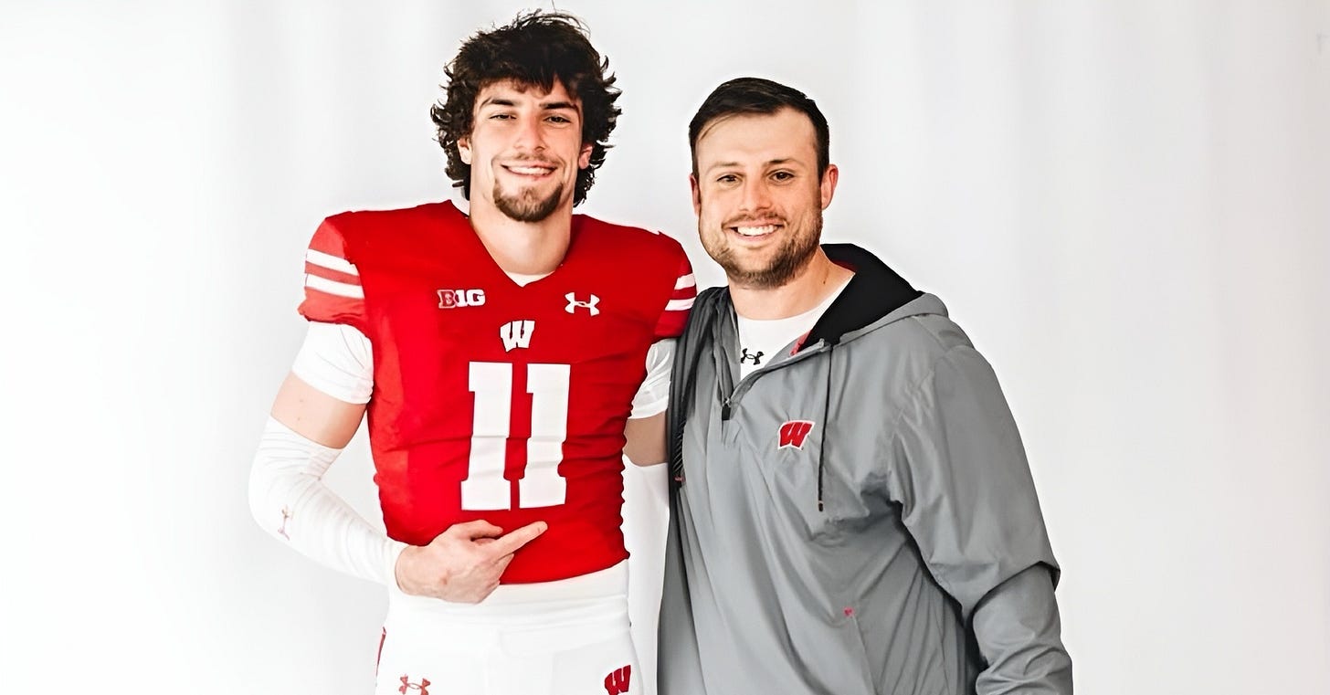 Wisconsin Badgers transfer Carson Van Dinter standing next to safeties coach Jack Cooper.