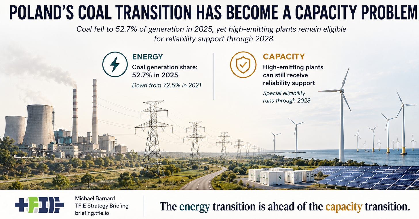 Coal generation recedes behind wind, solar and grid assets while Poland retains some coal capacity through 2028. Coal generation recedes behind wind, solar and grid assets while Poland retains some coal capacity through 2028.