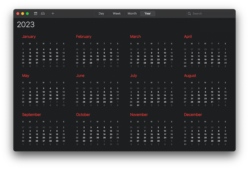 A screen capture of the yearly view of 2023 on MacOS's Calendar app.