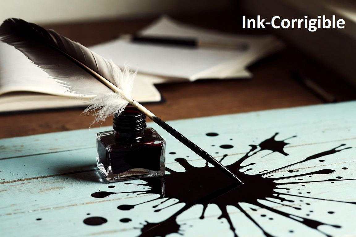 ink quill, ink bottle and a splash of spilled ink on a wooden desk surface ink quill, ink bottle and a splash of spilled ink on a wooden desk surface