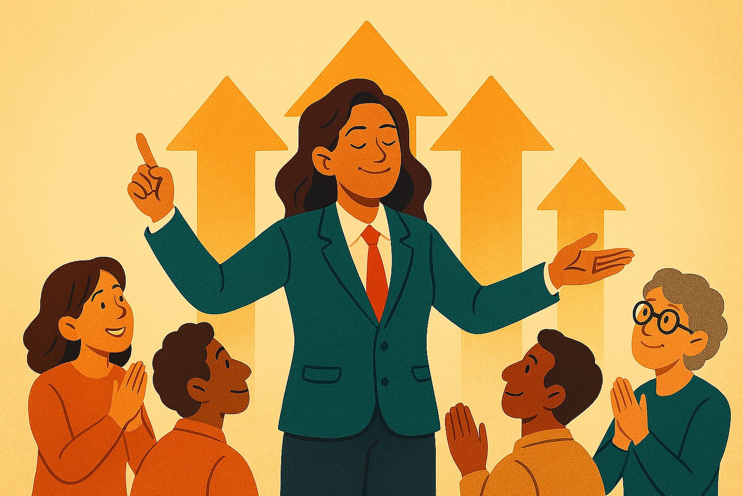 A wide-format illustration of 'The Ambassador of Up': a radiant, inspiring female leader figure standing tall, surrounded by glowing upward arrows instead of words. The arrows rise around her like beams of light, symbolizing optimism and elevation. She is depicted with open, welcoming posture, emanating positivity and hope to those nearby. The composition emphasizes upward motion and collective inspiration, with warm, uplifting colors.