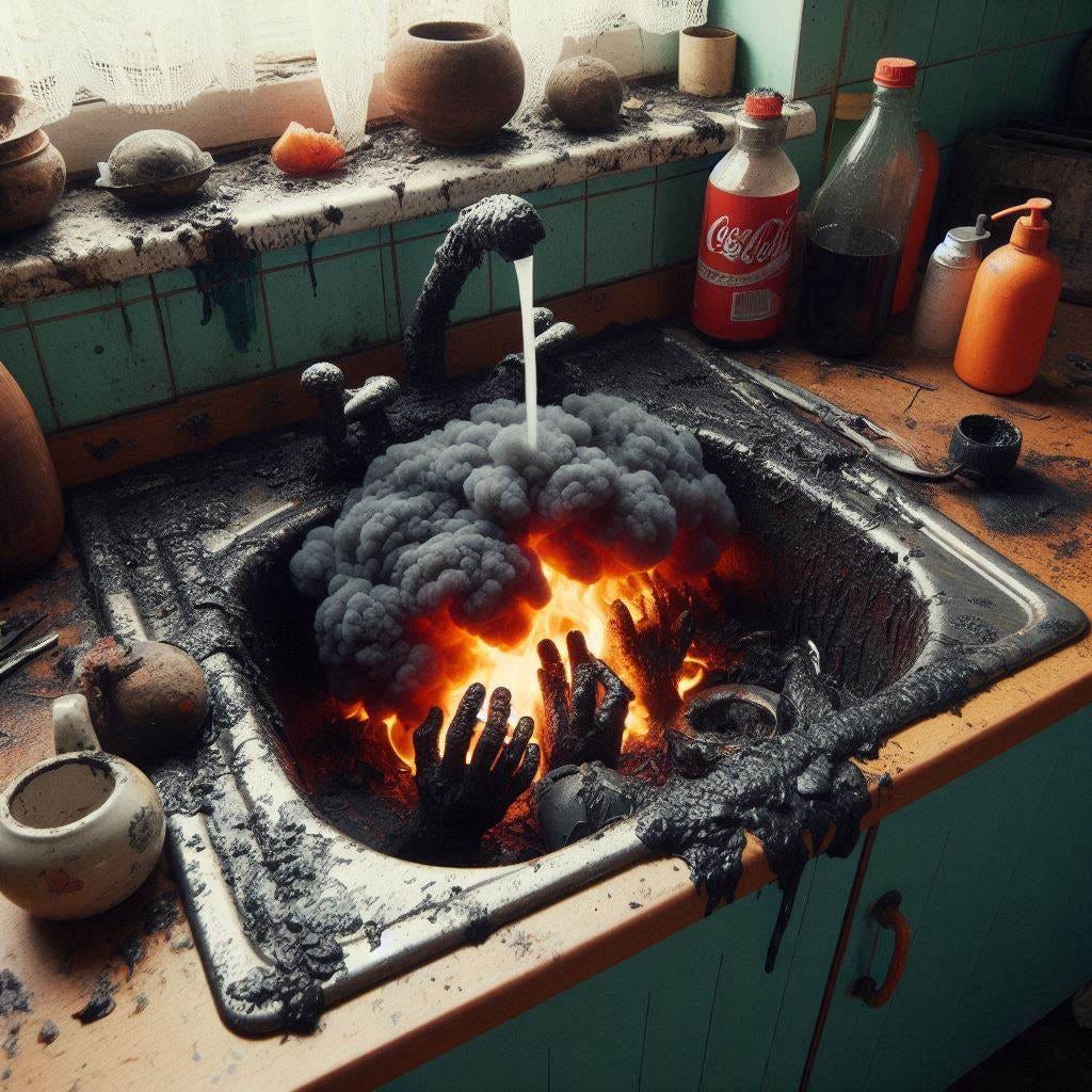 a dirty kitchen sink covered in napalm