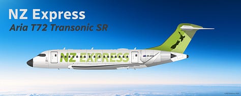 The six Aria Aircraft types added to the NZ Express fleet 2023-2026: (1) Aria T42 Transonic, (2) Aria T72 Transonic, (3) Aria T102 Transonic, (4) Aria V42hqc Hybrid V/STOL, (5) Aria T152 Transonic, and (6) Aria T182 Transonic - all seen in the current NZ Express "Kiwi" livery and displayed in side view while in midflight.
