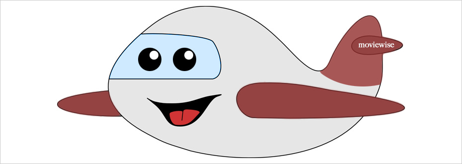 A smiling cartoon airplane floats in the air with the word ‘moviewise’ written on its tail.