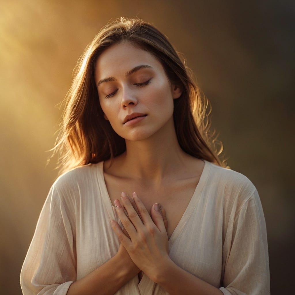 Femme apaisée les yeux fermés, une main posée sur le cœur, baignée dans une lumière dorée évoquant la paix intérieure et la cohérence cardiaque. Femme apaisée les yeux fermés, une main posée sur le cœur, baignée dans une lumière dorée évoquant la paix intérieure et la cohérence cardiaque.
