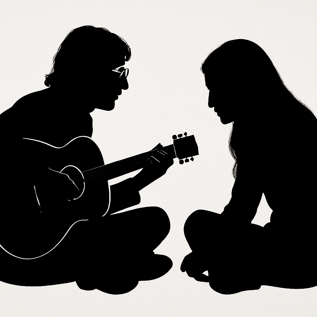 Black-and-white silhouette of a man playing acoustic guitar facing a woman, both sitting cross-legged. Their pose and posture suggest emotional intimacy and artistic collaboration.