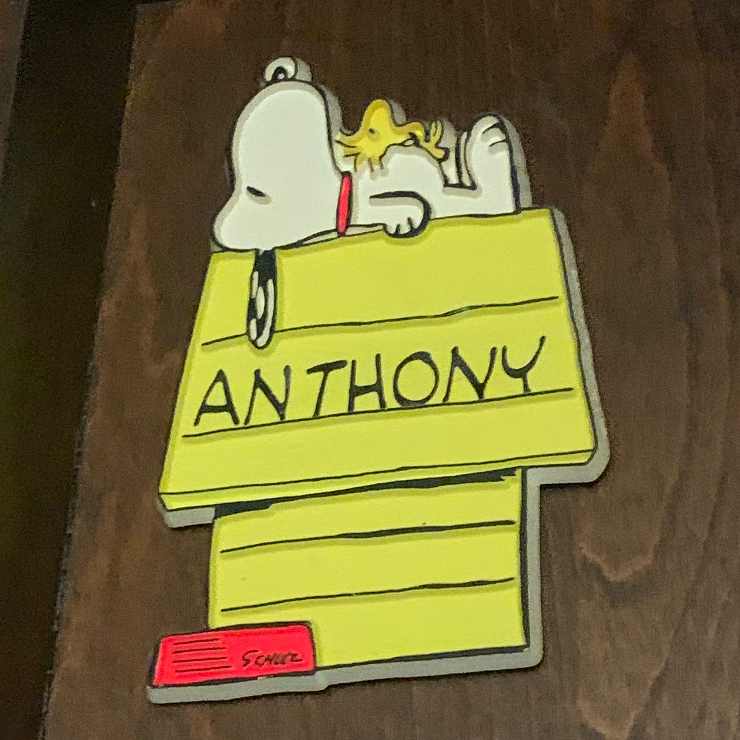 A Peanuts name plaque shaped like Snoopy's yellow doghouse, with Snoopy and Woodstock napping on the roof. The doghouse reads "ANTHONY" in hand-lettered black. It hangs on a dark wood door. A Peanuts name plaque shaped like Snoopy's yellow doghouse, with Snoopy and Woodstock napping on the roof. The doghouse reads "ANTHONY" in hand-lettered black. It hangs on a dark wood door.