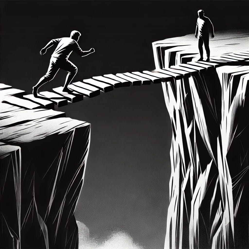 A high-contrast black-and-white aesthetic image representing 'Never Go All In Without Validating First.' The image features two figures at the edge of a cliff: one is cautiously testing the stability of a bridge or stepping stone before crossing, while the other has already leaped into the air without checking if there is solid ground ahead. The scene emphasizes the stark contrast between strategic, calculated action and reckless risk-taking. The style is minimalist, modern, and high-tech, fitting an AI-generated concept art aesthetic. No words, purely visual storytelling.