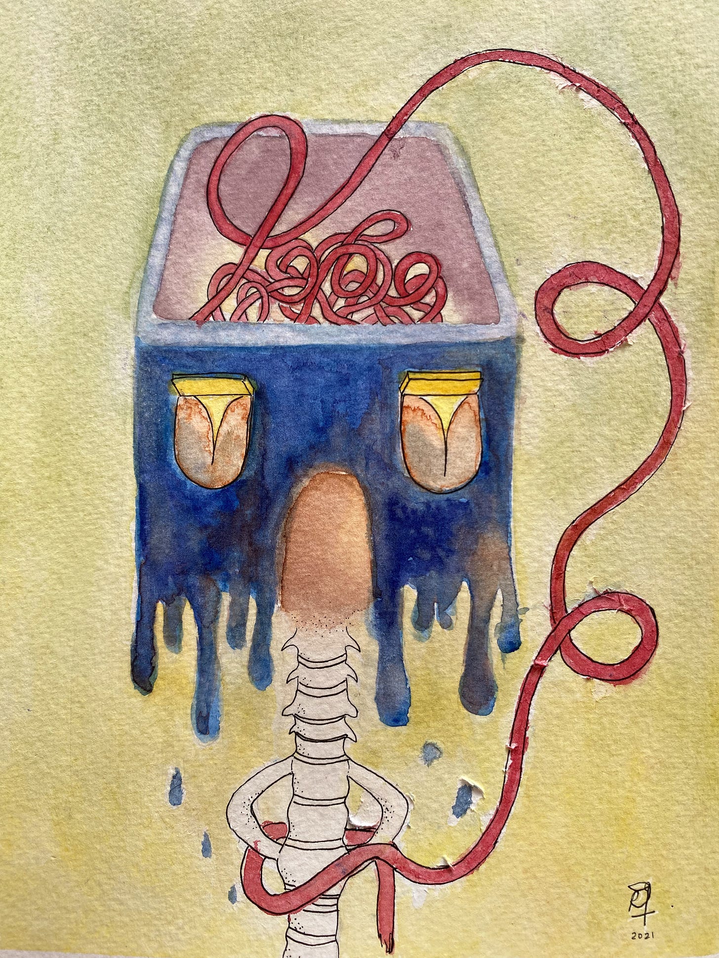 A mixed media artwork of a surreal blue house that appears to be melting. It has no roof, and there are tangles of red cords that sprout from the inside of the house, connected to a white, bony spine that seems to be connected to the house like a body,