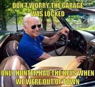 May be an image of 1 person, car and text that says 'DON'T WORRY THE GARAGE WAS LOCKED ONLY HUN TER HAD THE'KEYS WHEN WE WERE OUT OF TOWN'