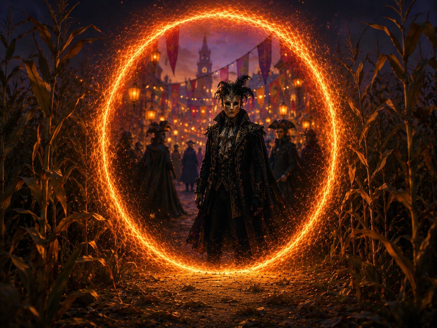 A glowing circular portal opens in the middle of a twilight cornfield. Beyond it stands a solitary figure in elegant dark formalwear and an ornate porcelain mask, facing the viewer. The portal leads to a lantern-lit city square decorated with colorful banners for a perpetual masquerade. Blurred masked revelers drift through narrow streets in the background beneath warm lights. The scene is beautiful, mysterious, and subtly unsettling, with no visible unmasked faces. A glowing circular portal opens in the middle of a twilight cornfield. Beyond it stands a solitary figure in elegant dark formalwear and an ornate porcelain mask, facing the viewer. The portal leads to a lantern-lit city square decorated with colorful banners for a perpetual masquerade. Blurred masked revelers drift through narrow streets in the background beneath warm lights. The scene is beautiful, mysterious, and subtly unsettling, with no visible unmasked faces.