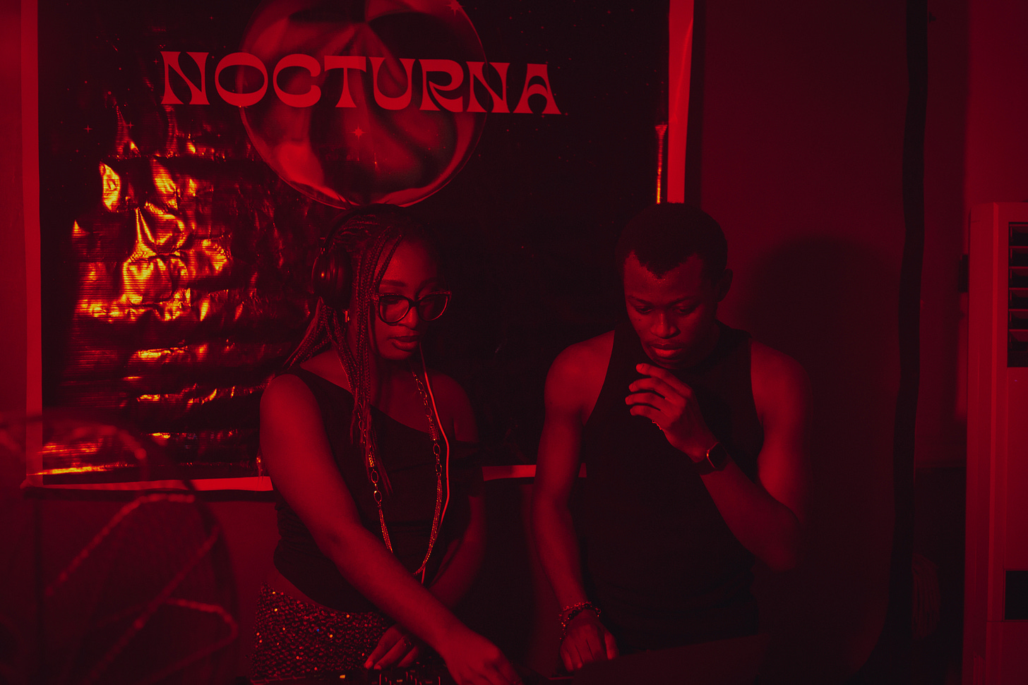 DJ michelle monjok and DJ emmanuel essien at the booth during nocturna edm rave in calabar first edition curated by kuffy eyo DJ michelle monjok and DJ emmanuel essien at the booth during nocturna edm rave in calabar first edition curated by kuffy eyo