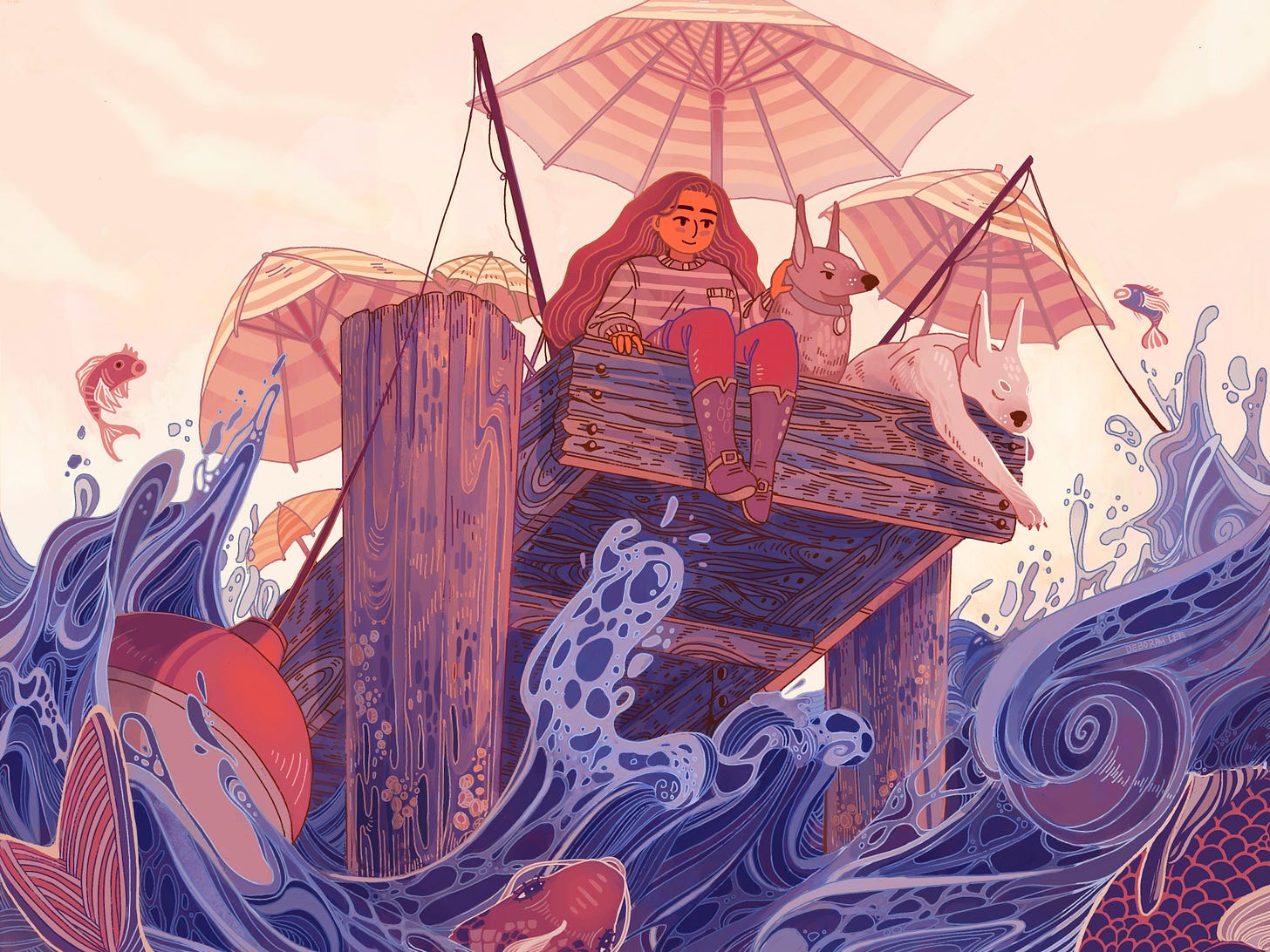 a girl with her dogs fishing at a dock, above rough waves and fish