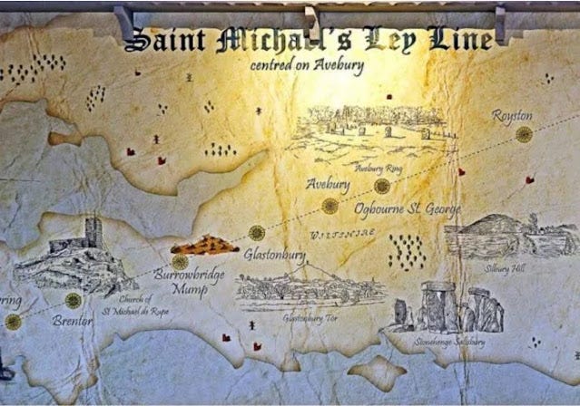 Um mapa que ilustra a Linha de São Miguel, ligando vários locais em homenagem ao Arcanjo Miguel ao longo de 350 milhas, da Cornualha a Norfolk. Um mapa que ilustra a Linha de São Miguel, ligando vários locais em homenagem ao Arcanjo Miguel ao longo de 350 milhas, da Cornualha a Norfolk.