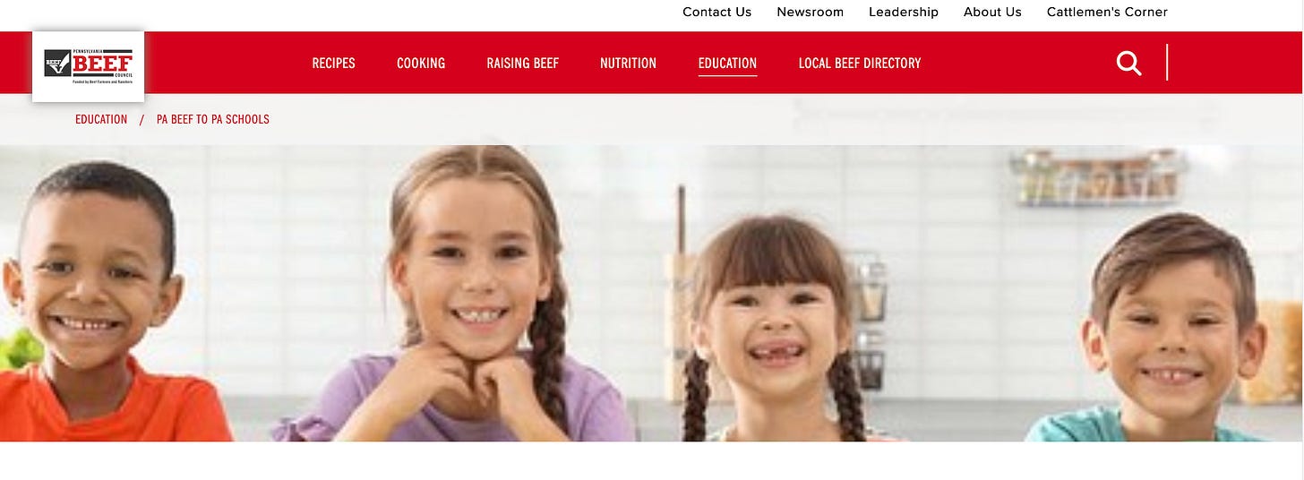 Pennsylvania Beef Council website header with four smiling children on the PA Beef to PA Schools page
