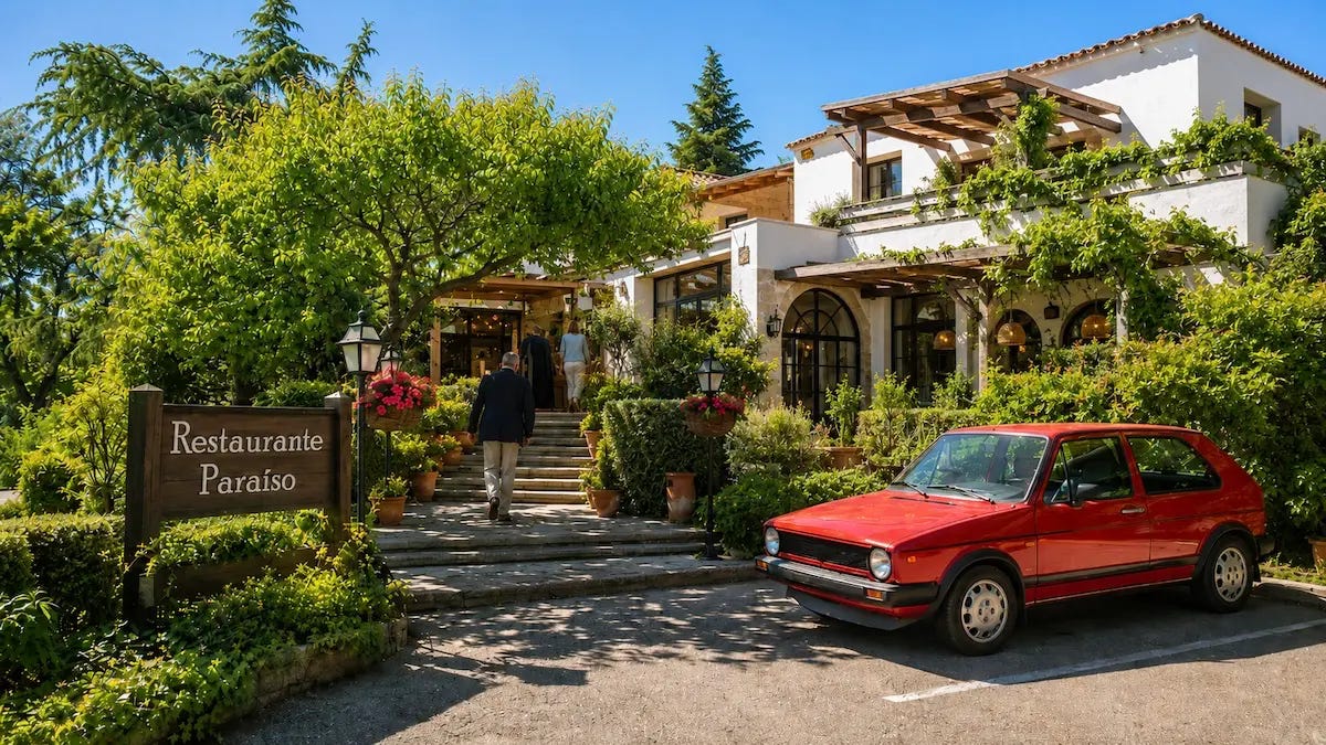 Recreación del restaurante Paraíso, el Golf de Martín y su llegada. Hecha con indicaciones a ChatGPT.