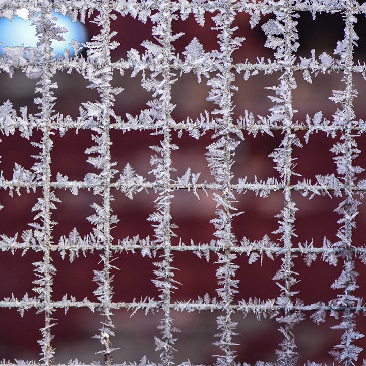 Diptych: Squares of ice and frosty flakes
