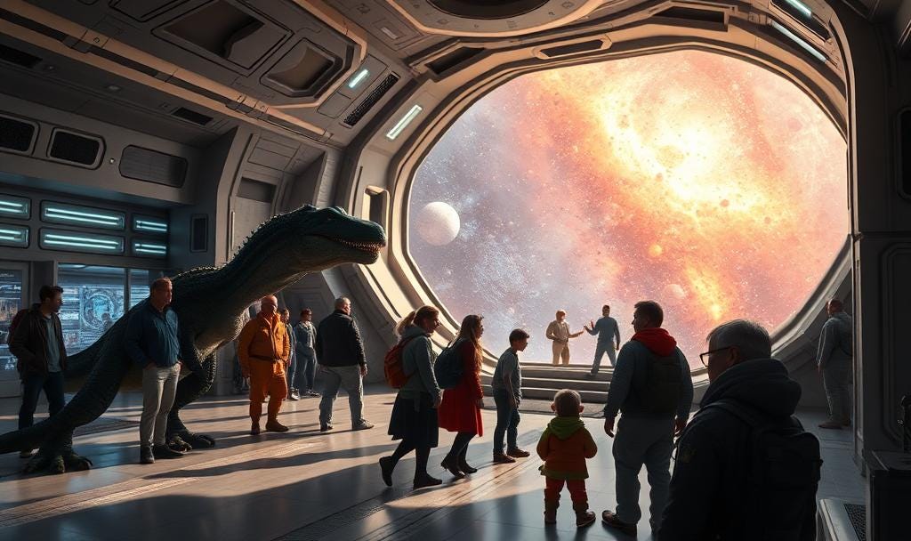 A lobby of a space station with many travelers of different species, with a large viewpory of a galaxy in the background