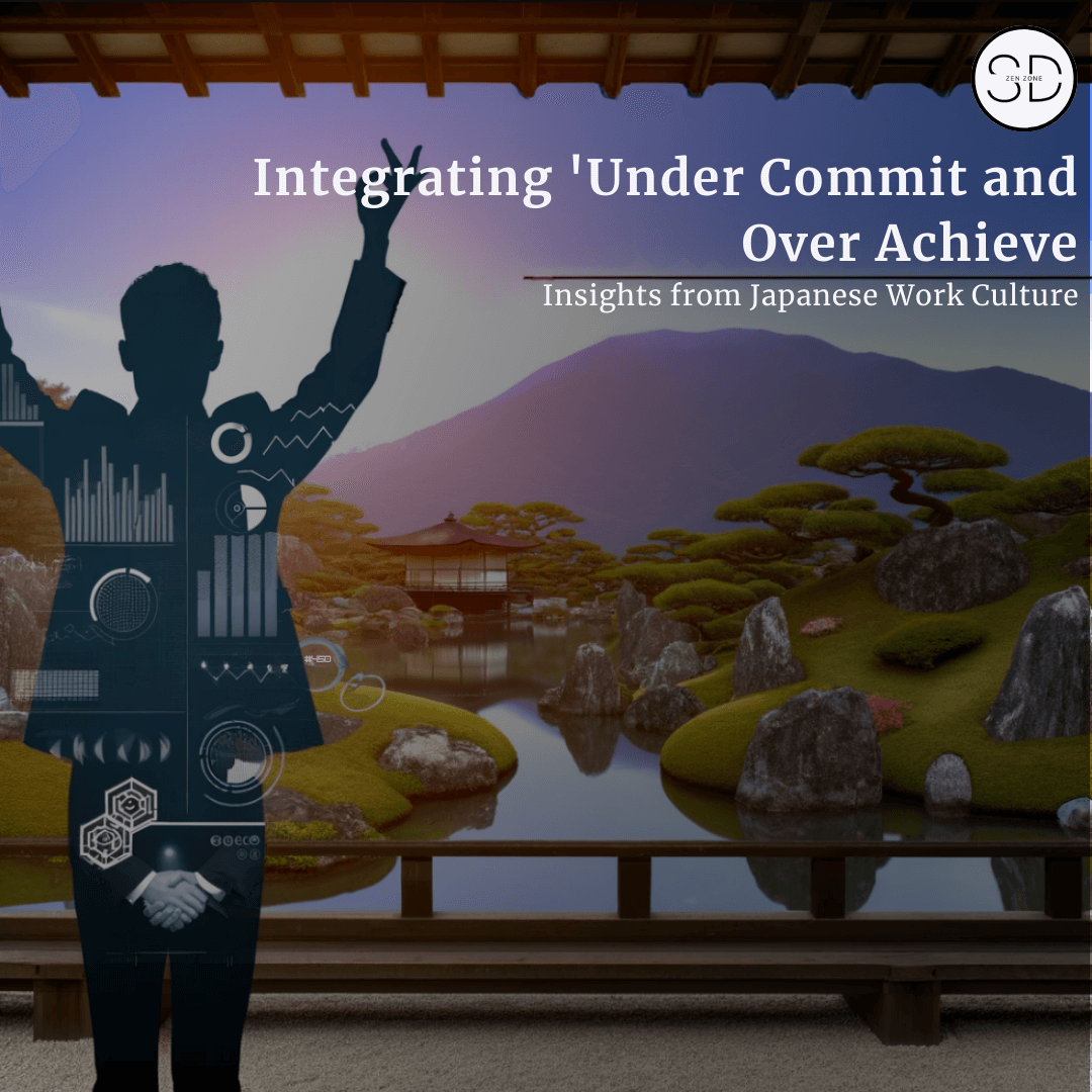 Title image for the article 'Boost Sales & Marketing: Under Commit and Over Achieve Strategy' on www.sd-zen-zone.in, featuring a silhouette of a person in a business suit with arms raised in a Zen garden backdrop, symbolizing the integration of Japanese work culture principles into modern business practices.