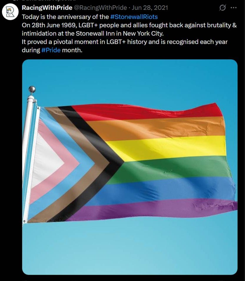 Racing With Pride tweet regarding the Stonewall Riots and featuring the Progress flag