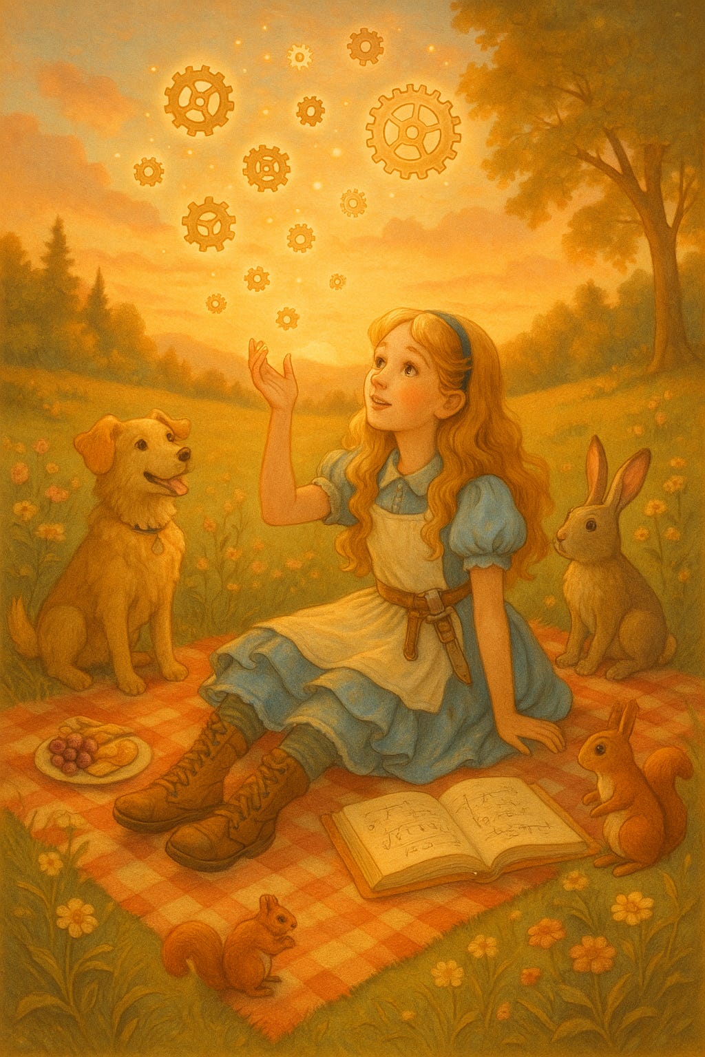 Picnic at dusk: Alice releases glowing gears toward the sky, celebrating wonder and liberation.